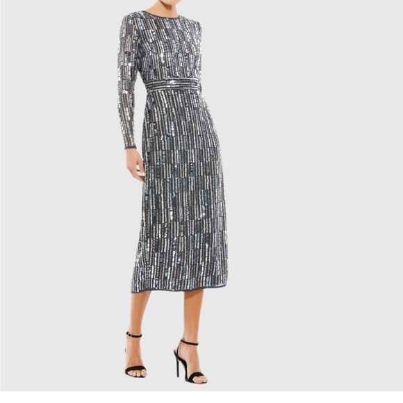 NWT Embellished High Neck Long Sleeve Fitted Dress Charcoal - Picture 2 of 6